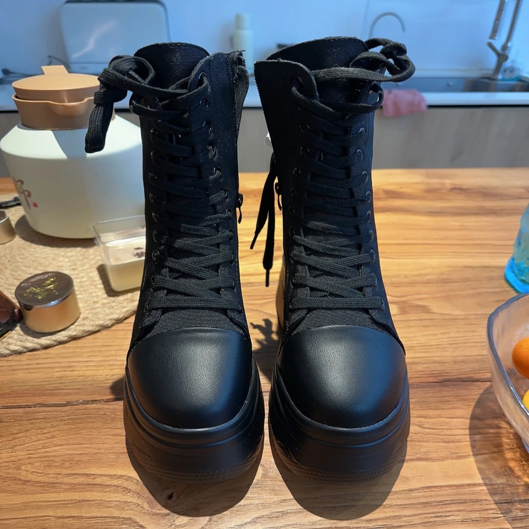 一点五增高16CM高端女鞋2023新款女士圆头鞋原创定制高帮百搭黑色