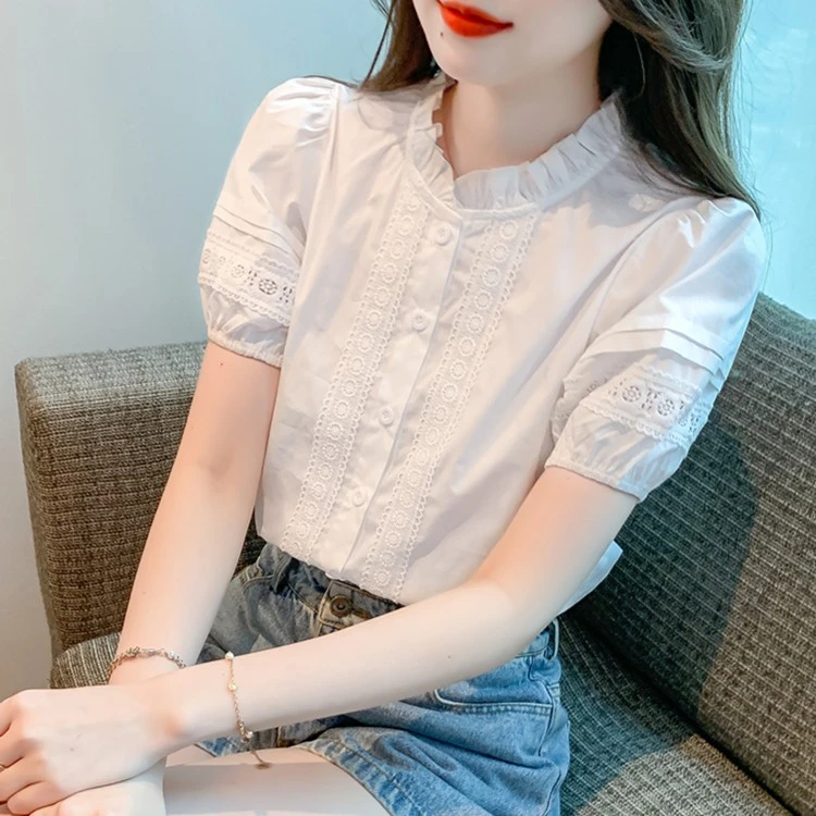 2025年夏季女装新款气质木耳领棉布女士衬衫洋气减龄时尚短袖上衣
