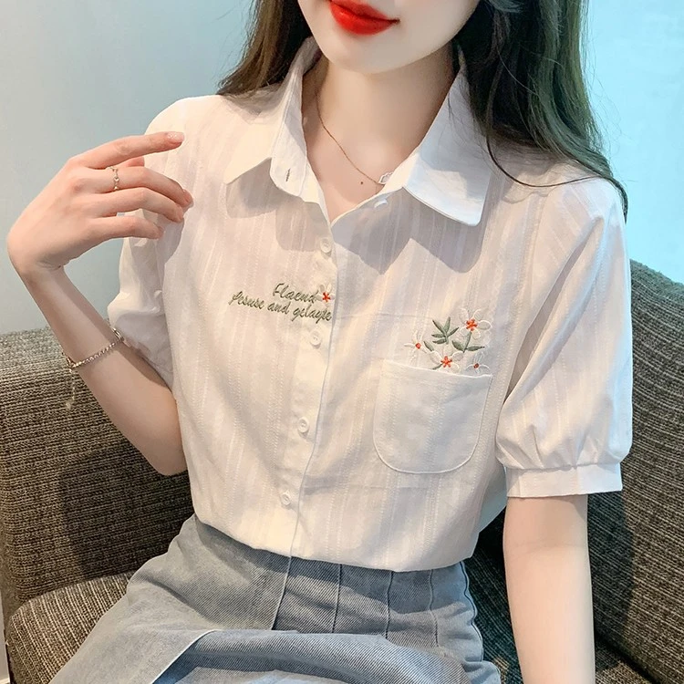 夏季女装新款轻奢设计刺绣棉布衬衫女2025年洋气显瘦薄款短袖上衣