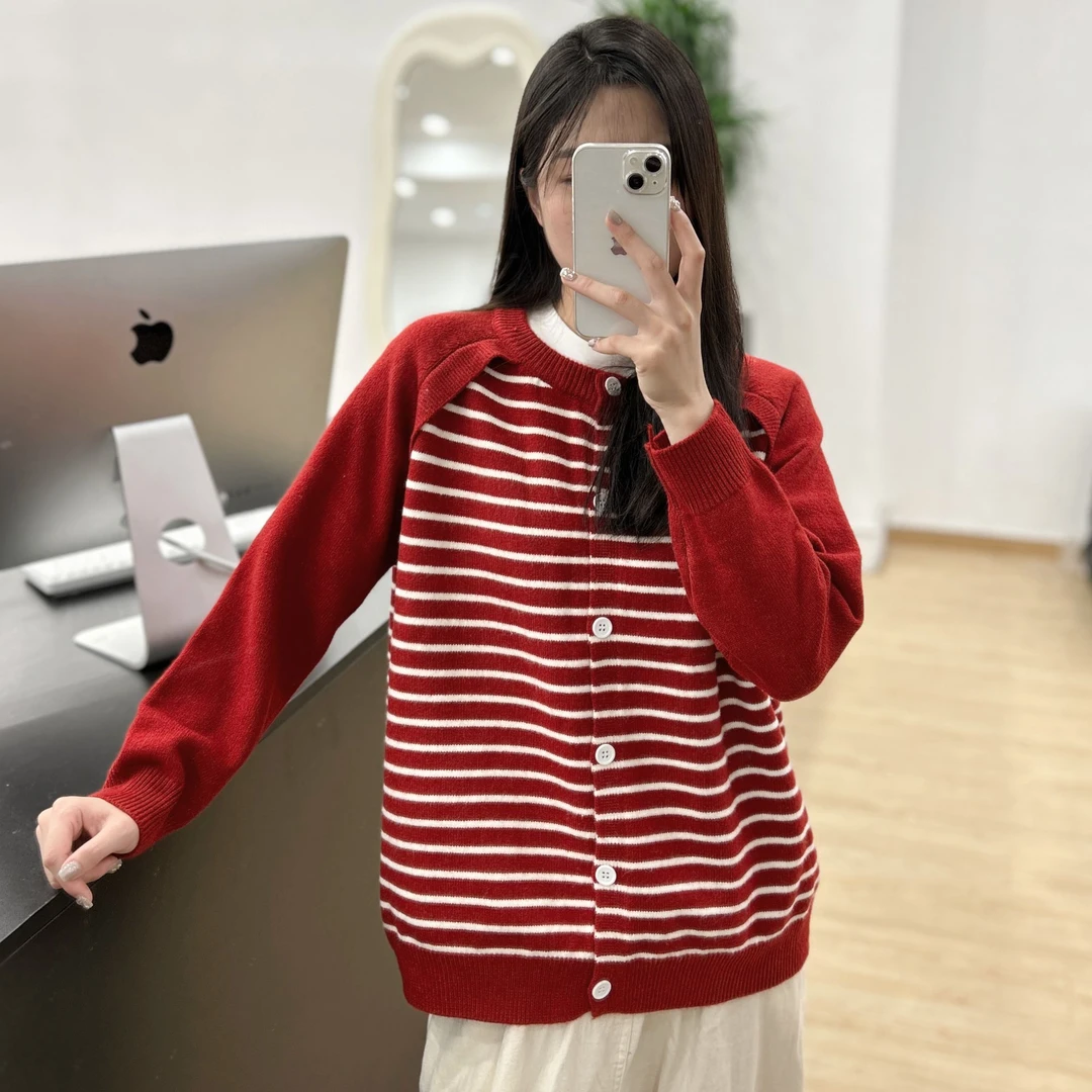 JUANJUAN自制红色插肩袖身拼接红白条纹减龄复古开衫毛衣外套