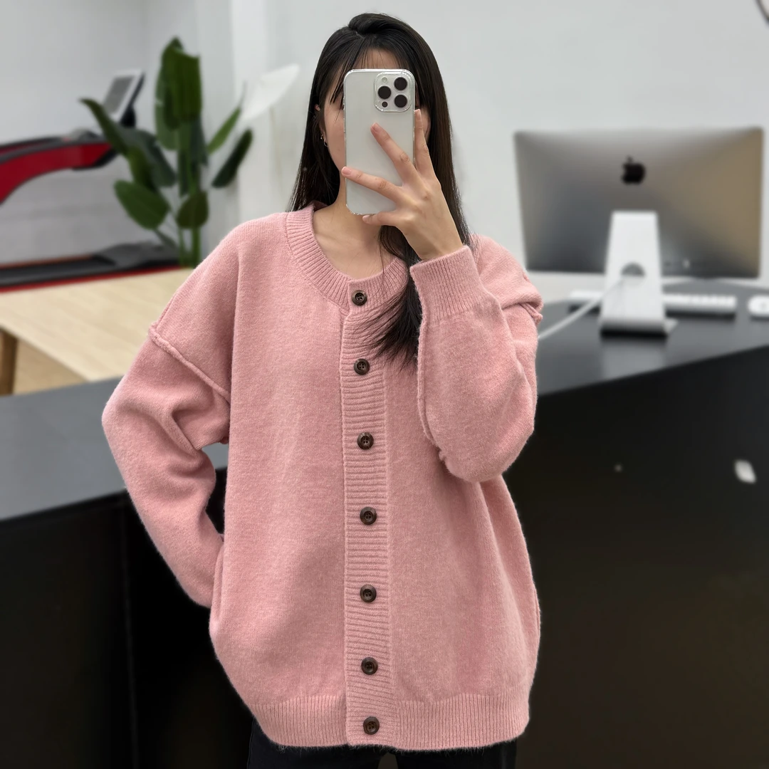 JUANJUAN自制粉色正肩反套宽松慵懒风显瘦开衫毛衣外套