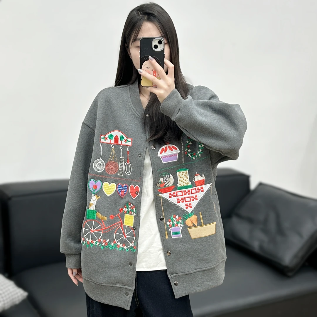 JUANJUAN自制秋冬新款灰色重工万针刺绣宽松慵懒开衫外套