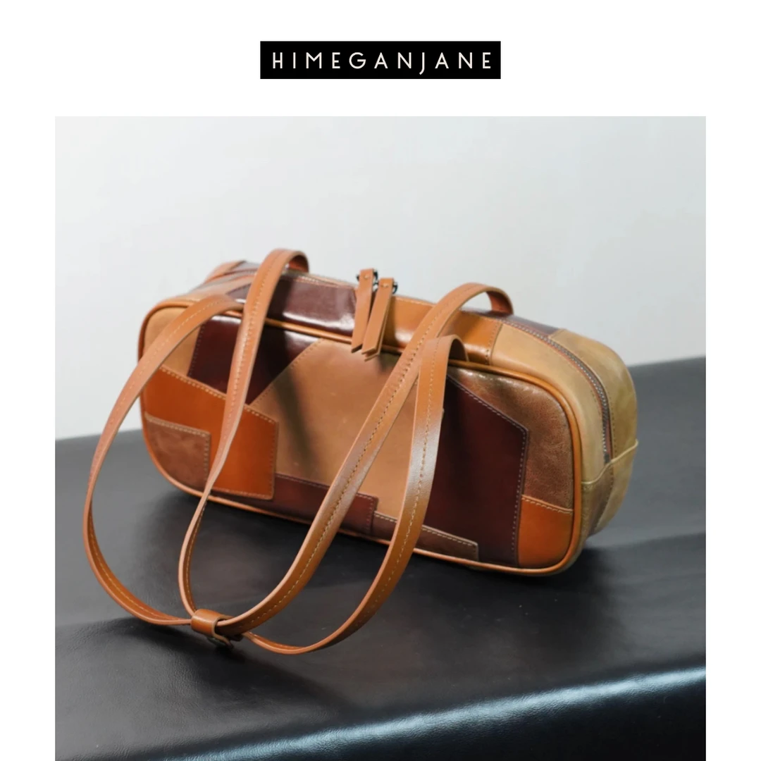 HIMEGANJANE 百搭时尚新品欧美范简约风单肩真皮女包补丁法棍包