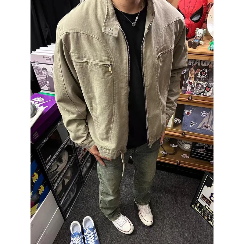 美式复古哈灵顿立领外套男款秋冬leisuret做旧水洗底特律工装夹克