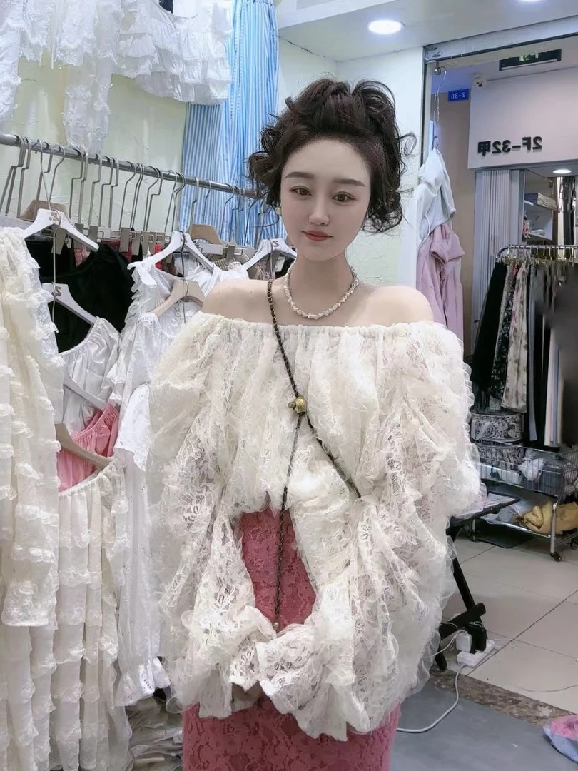 2024新品韩版网纱一字肩衬衫重工设计感夏季时尚