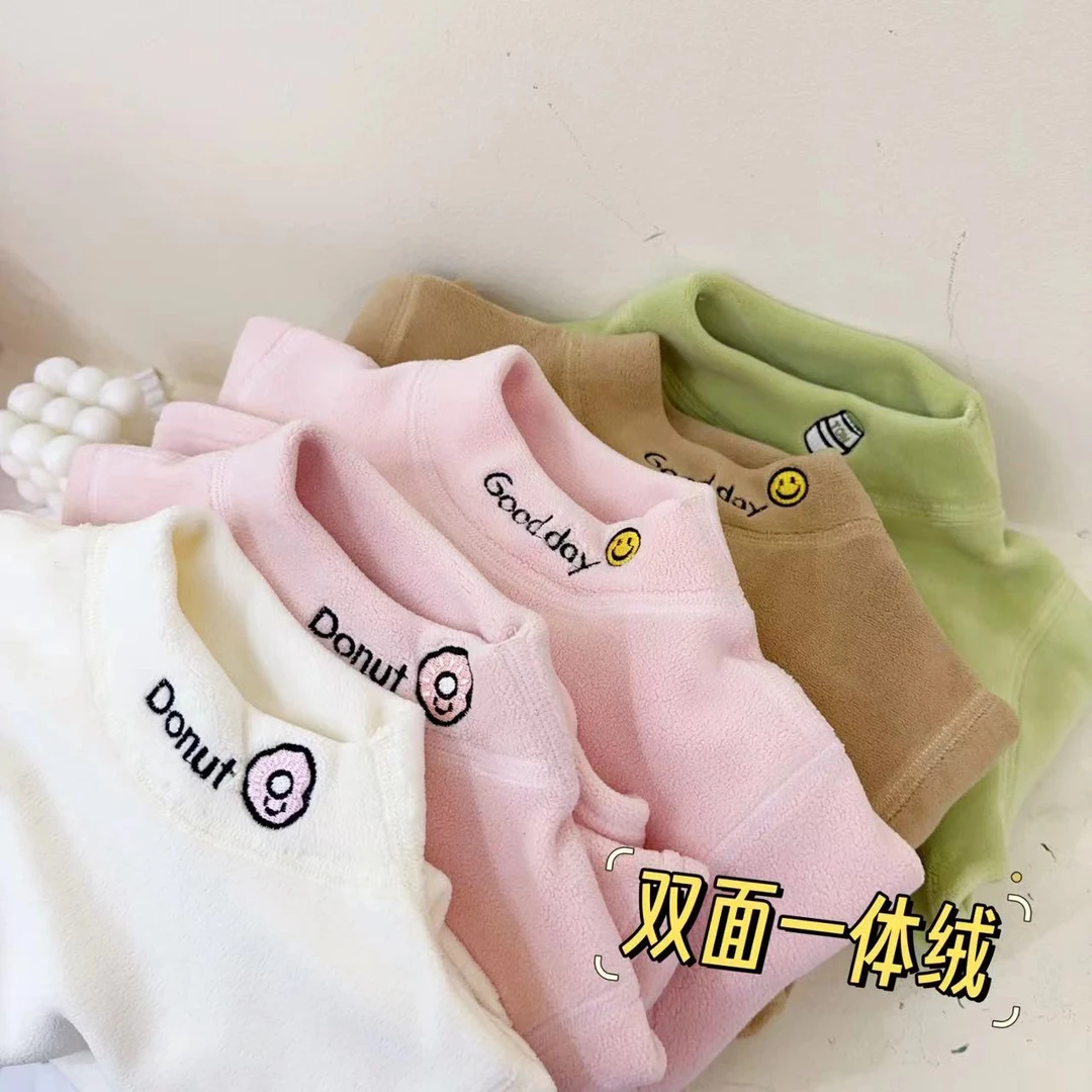 【无骨一体绒】汤圆家童装2024冬季韩系半高领刺绣打底衫 YA-496