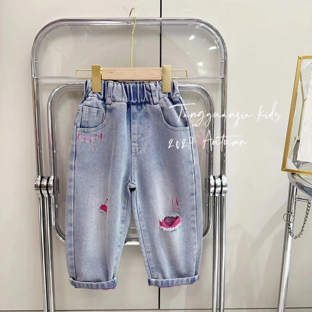 汤圆家童装2024秋季新款韩系破洞设计款牛仔裤 Y-9262