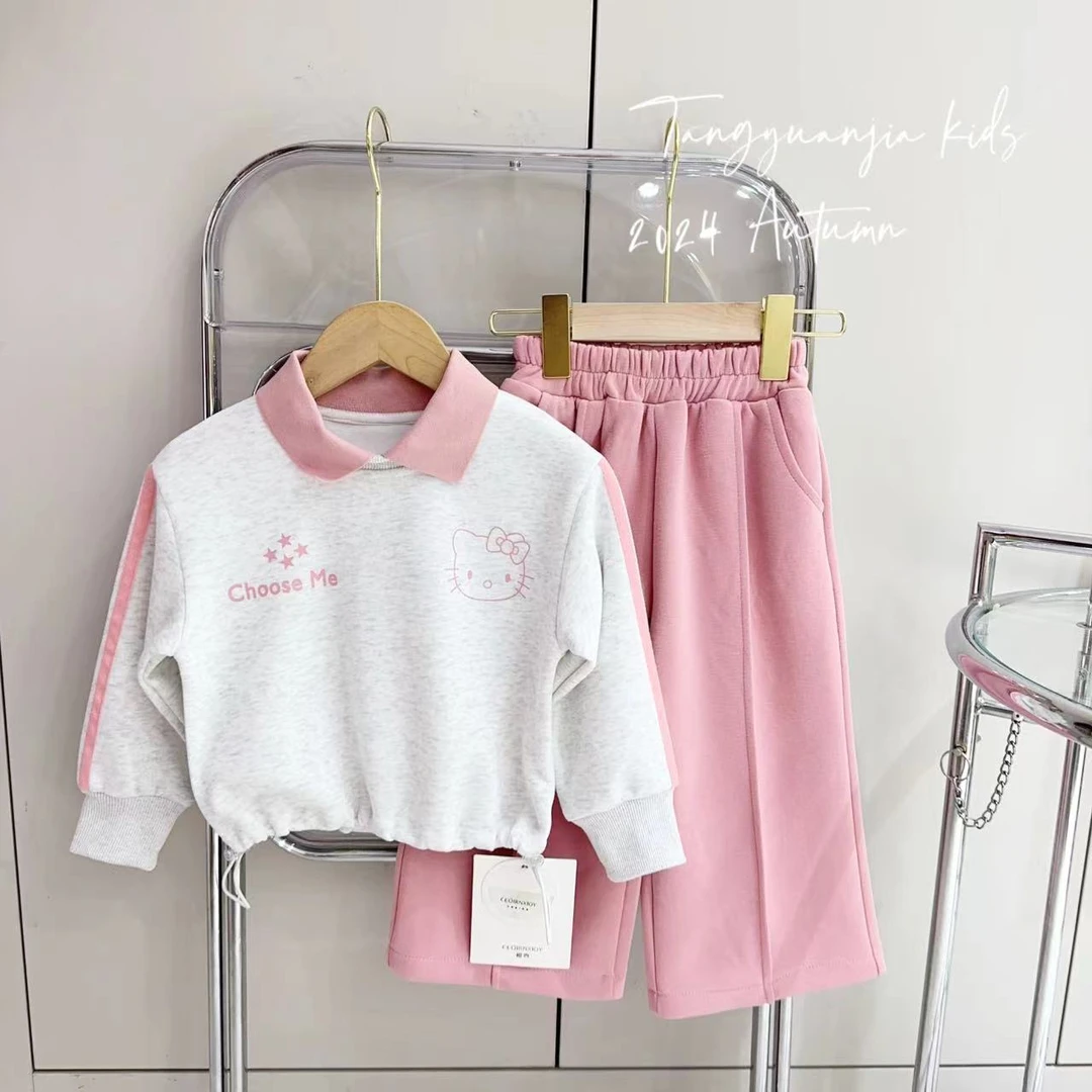 汤圆家童装2024冬季新款甜美KT猫织带拼接阔腿裤套装 Y-9720