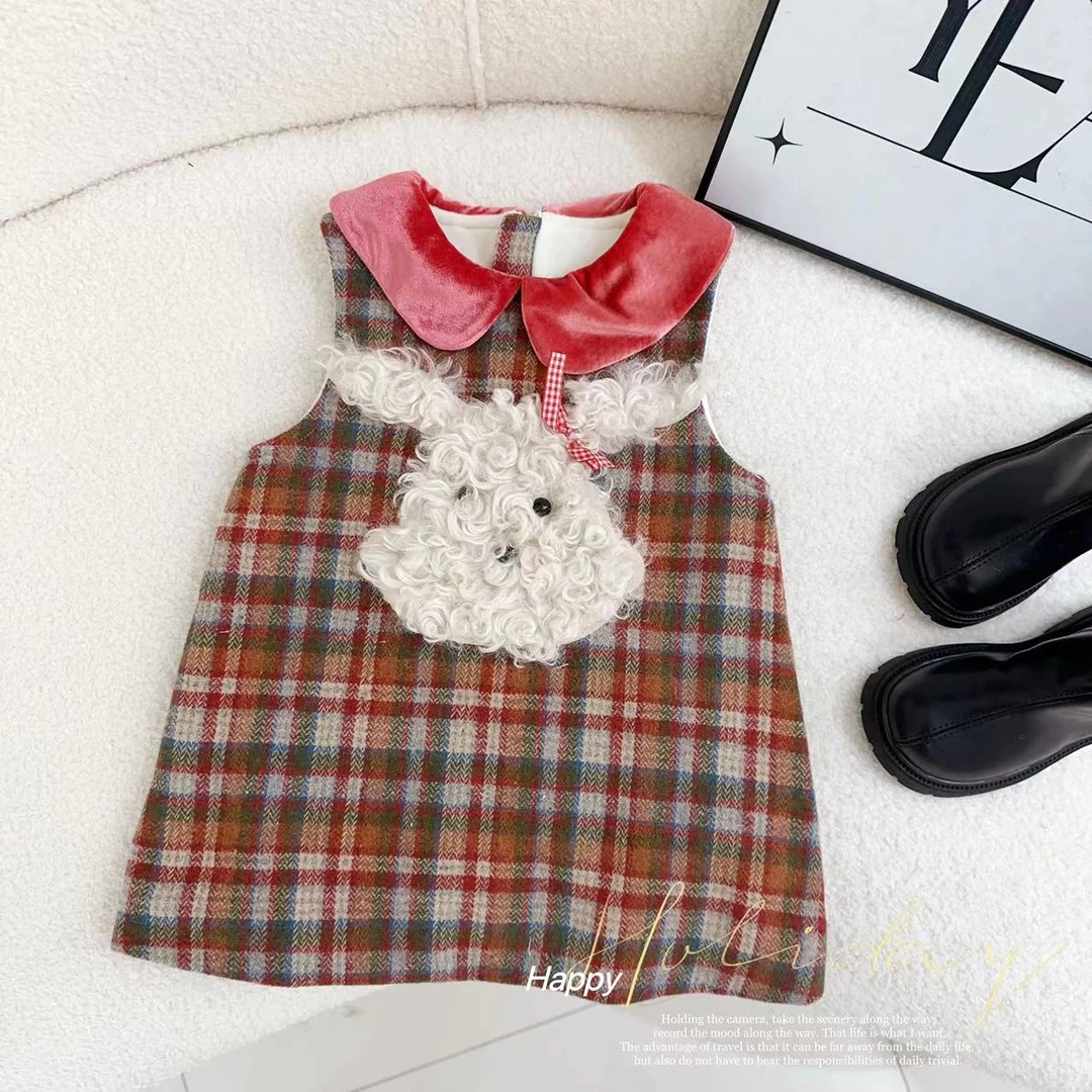 【糖果匣子】汤圆家童装2024新款小狗刺绣娃娃领加绒背心裙 YA-633