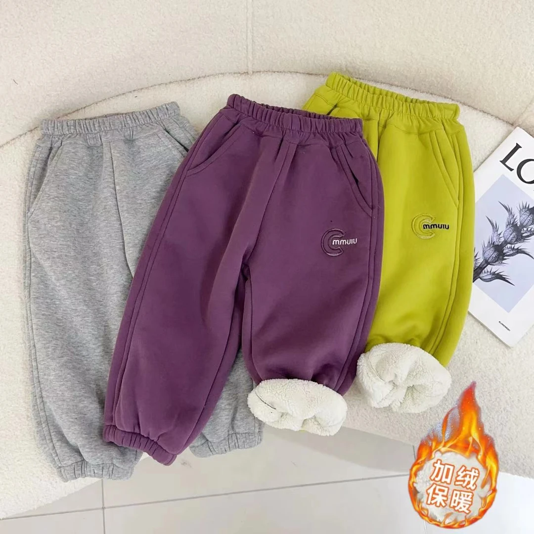 【加厚羔羔绒】汤圆家童装2024冬季上新刺绣加厚百搭休闲裤 YA-395