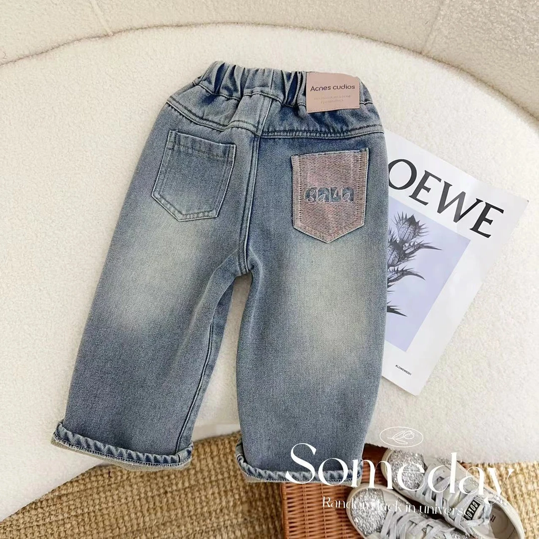 汤圆家童装2024冬季上新韩系甜美后口袋刺绣加绒牛仔裤 YA-189