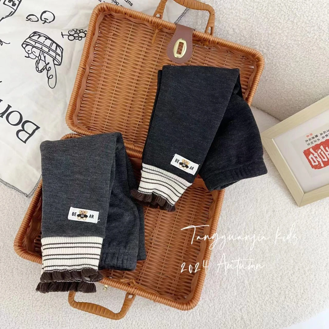 汤圆家童装2024新款韩系小熊花边脚口加绒打底裤 Y-8532