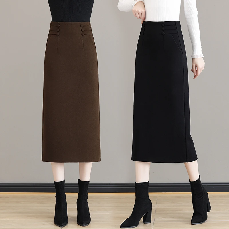 2024秋冬新款毛呢半身裙女高腰显瘦时尚通勤气质一步裙中长包臀裙