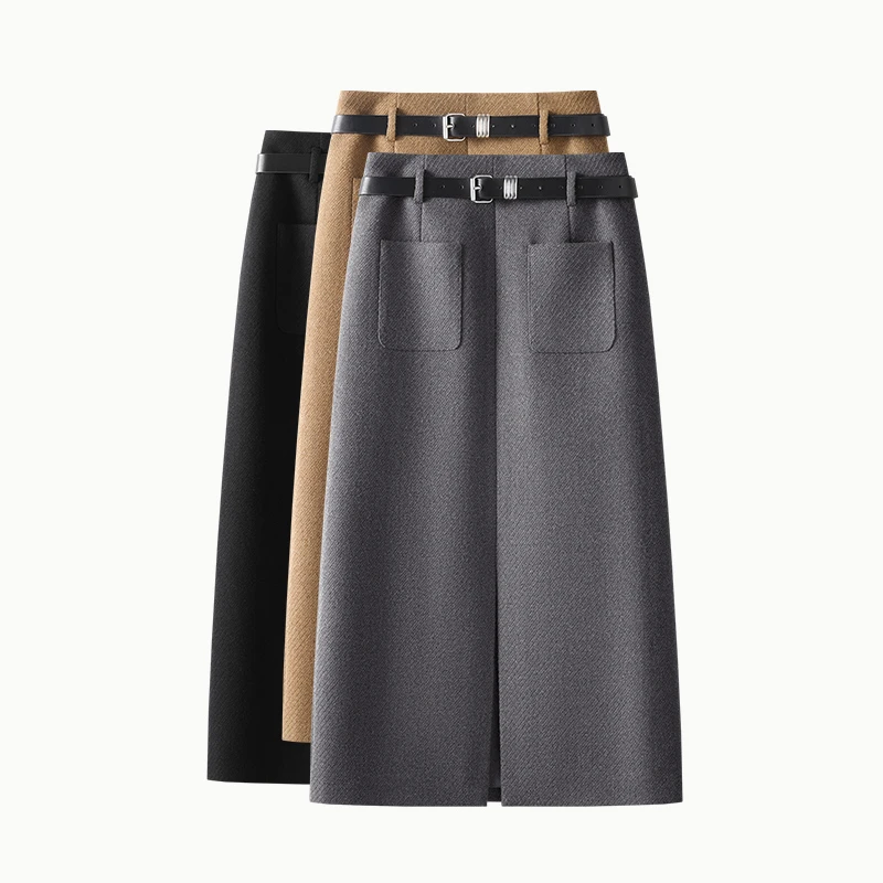 灰色磨毛呢半身裙女2024秋冬新款高腰显瘦包臀直筒裙开叉中长裙子