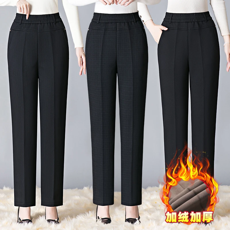 中老年人女裤秋冬季妈妈加绒裤子外穿中年秋冬保暖裤直筒大码长裤