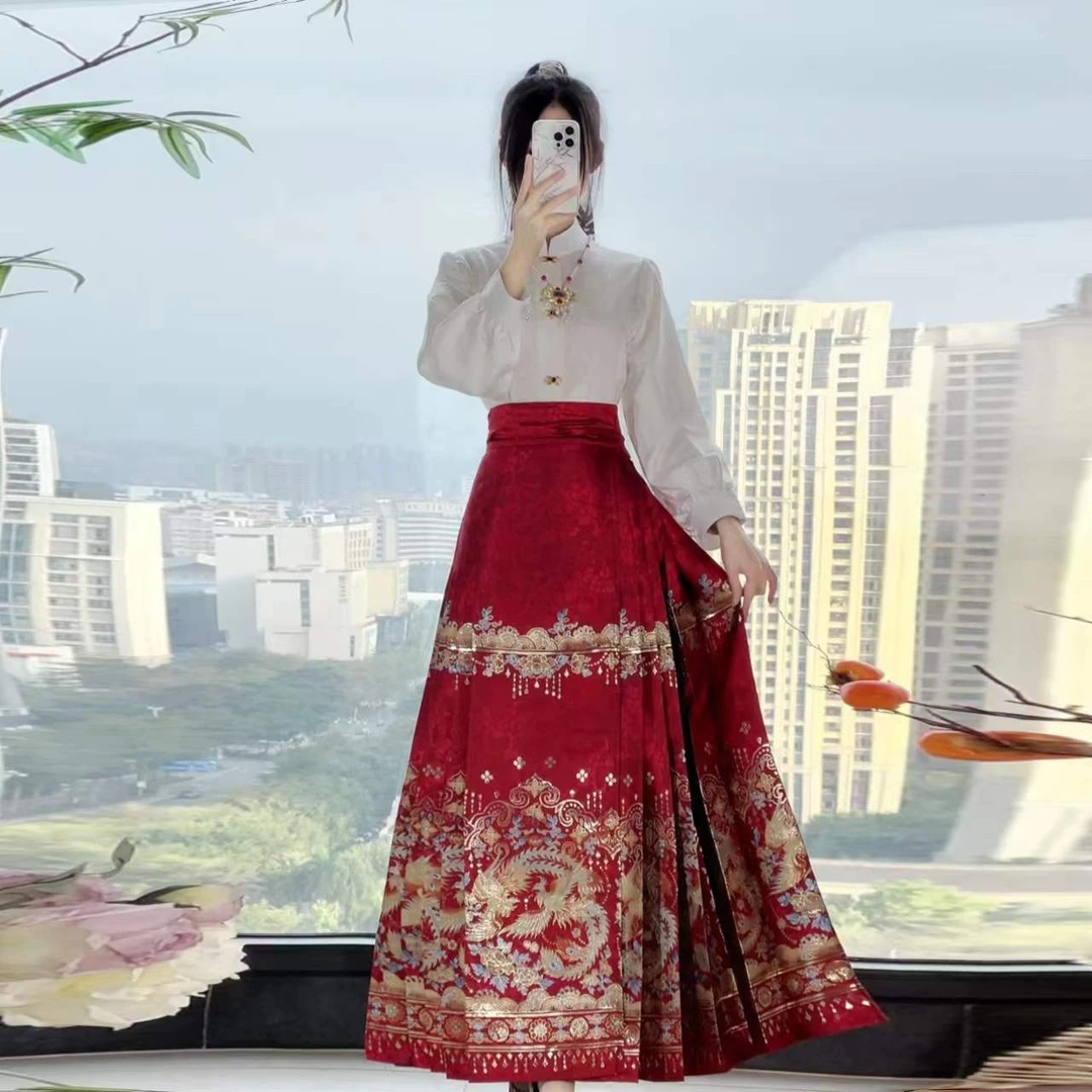 年年余原创双凤和鸣套装新中式衬衣织金妆花马面裙国风敬酒服汉服