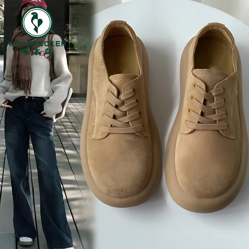 时尚丑萌磨砂皮松糕鞋女2025春秋新款复古百搭休闲圆头板鞋