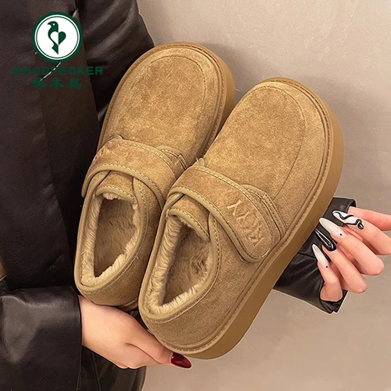 啄木鸟加绒厚底勃肯鞋女2024冬季新款低帮一脚蹬雪地靴面包乐福鞋