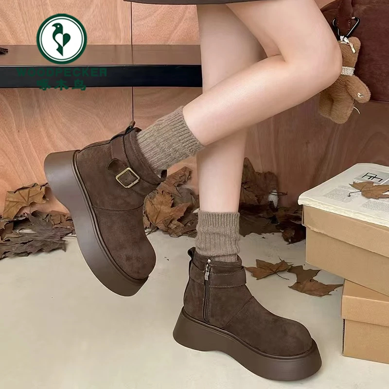 啄木鸟厚底增高雪地靴女2024年秋冬新款磨砂松糕时尚百搭短筒靴子