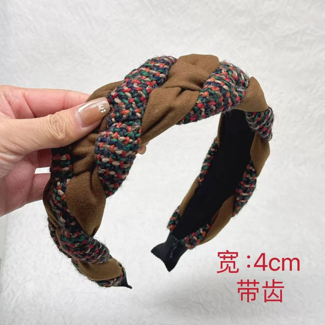 K579秋冬气质复古发饰彩色毛线手工编织高颅顶发箍简约带齿头箍