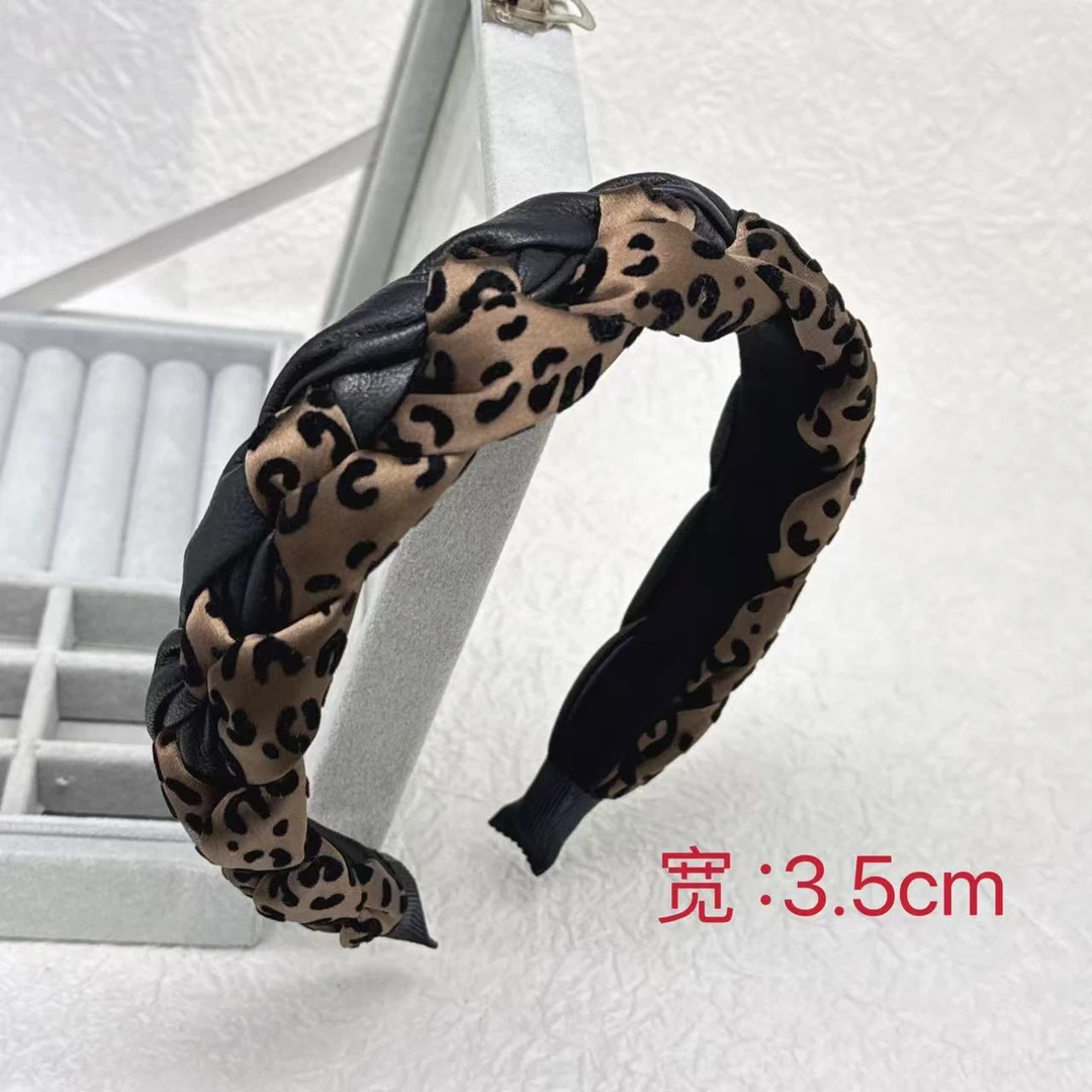 K523韩版时尚简约发饰秋冬豹纹拼色手工编织发箍复古气质带齿头箍