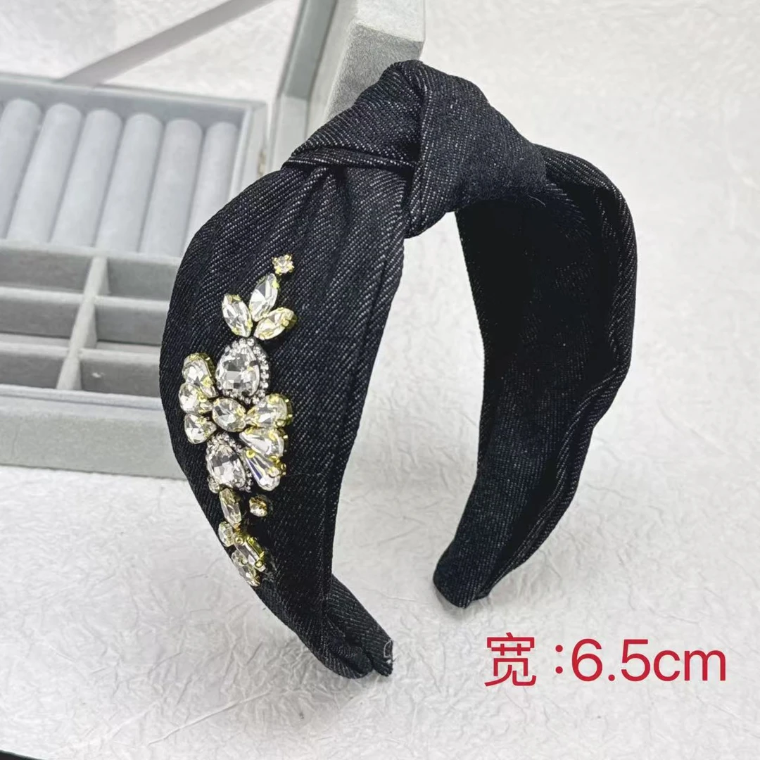 K559牛仔高级感发饰复古黑色高颅顶宽边气质发箍时尚重工轻奢头箍