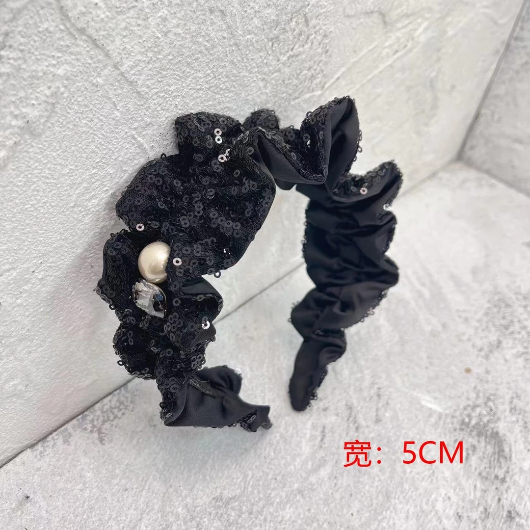 K072时尚轻奢百搭发饰黑色小香风高颅顶荷叶边发箍气质甜美头箍