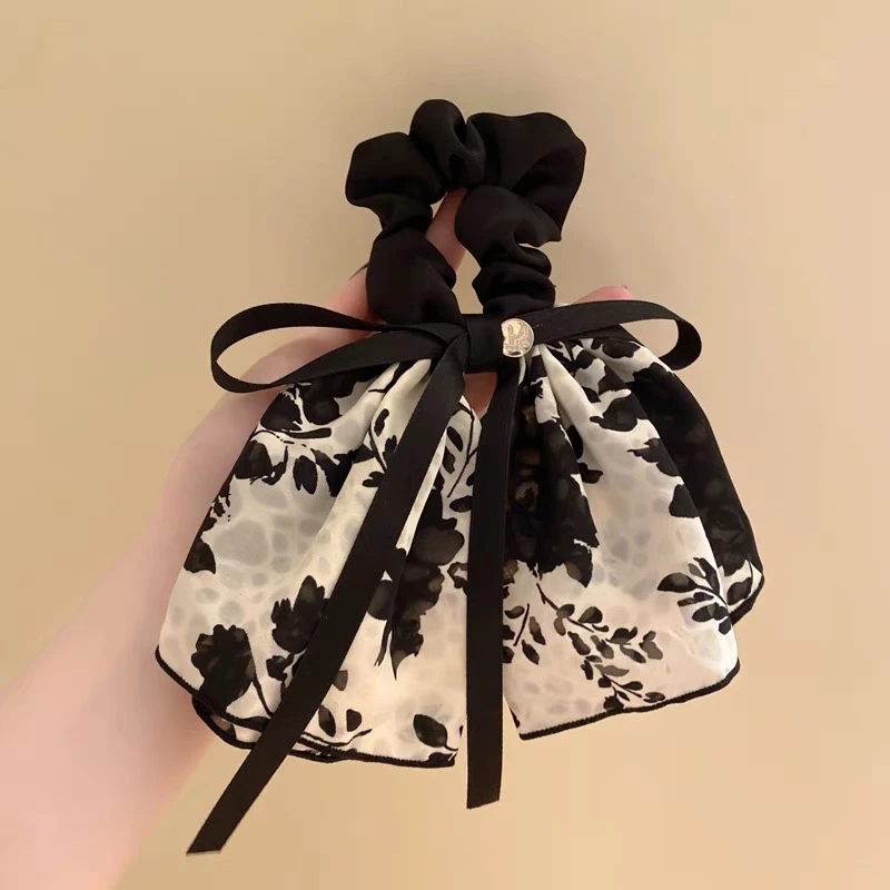 186复古印花蝴蝶结水墨裙摆发圈头饰女高级感温柔优雅发饰飘带