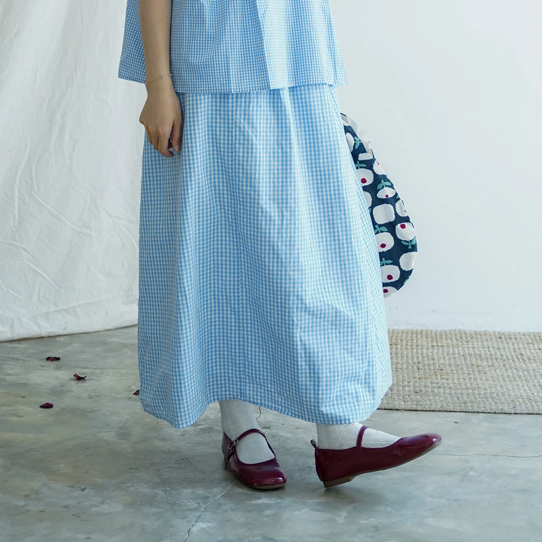 100棉 文艺小格子半身裙