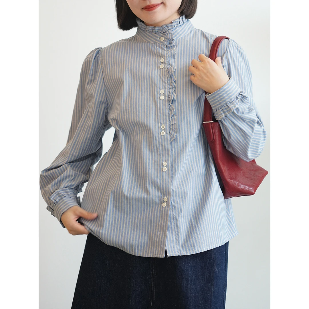 100棉 蓝色条纹少女花边衬衣