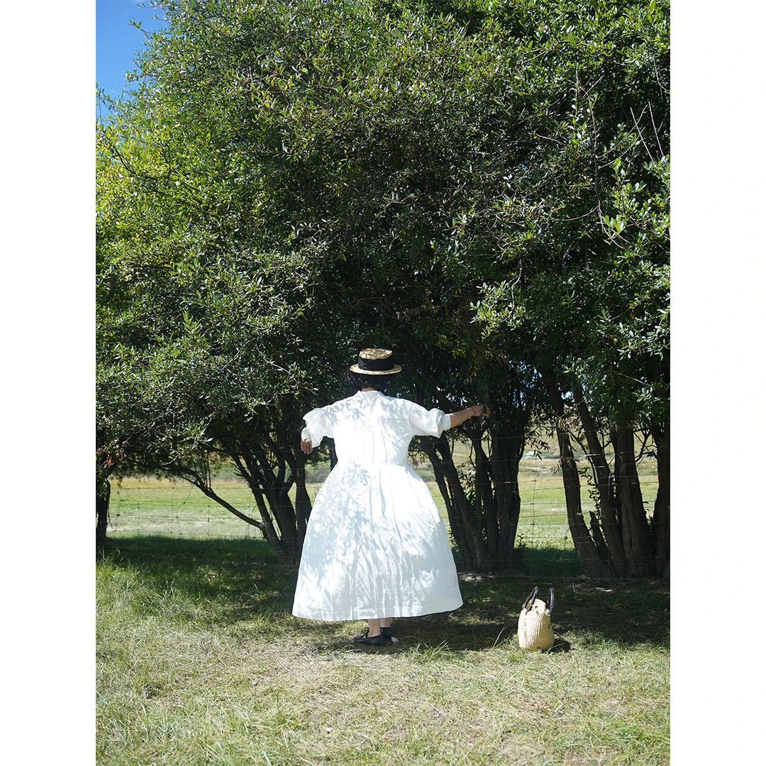 45麻55棉 少女感刺绣花朵白色长裙