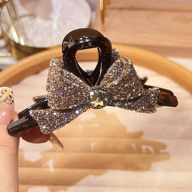 【908】满钻大蝴蝶结设计感造型抓夹后脑勺盘发发夹发饰鲨鱼夹重工