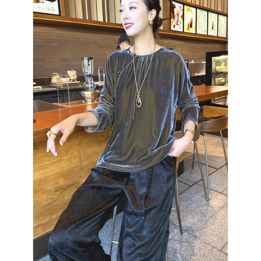 【老罗家】原创丝绒衬衫女双色桑蚕丝绒圆领长袖宽松显瘦气质上衣