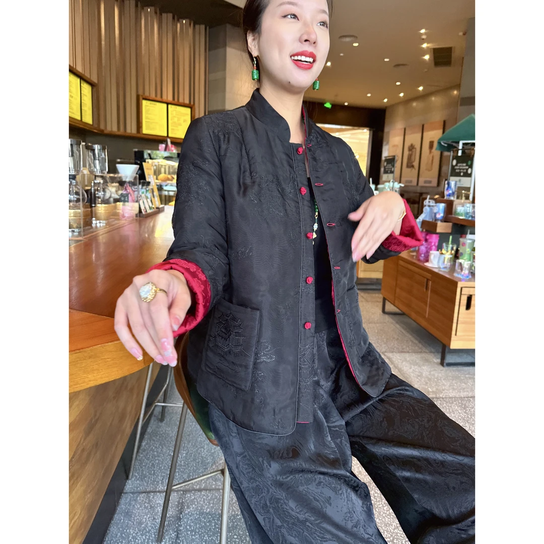 【老罗家】原创真丝棉衣女桑蚕丝绣花亭台楼阁棉服新中式加棉外套