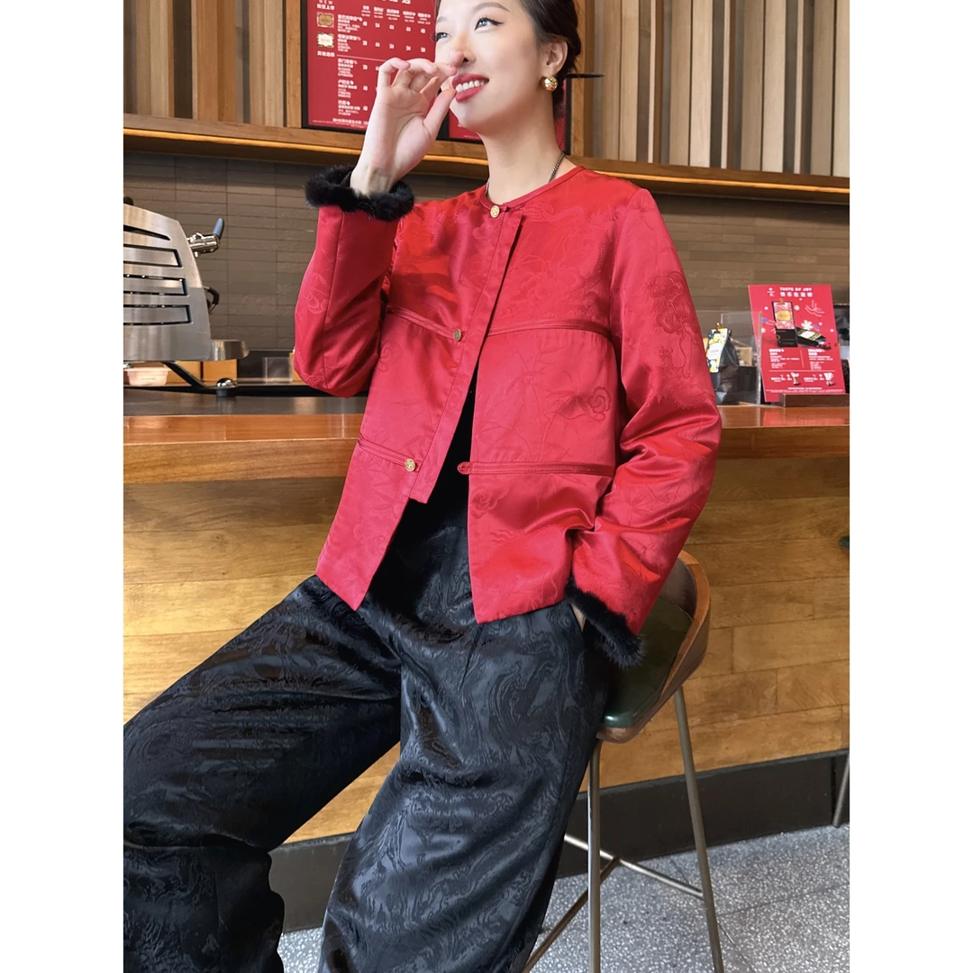 【老罗家】原创真丝棉衣女桑蚕丝宽松新中式圆领红色龙纹休闲棉服