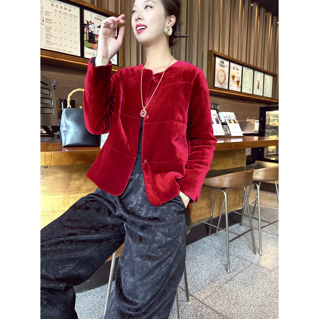 【老罗家】原创丝绒棉衣女桑蚕丝绒绿色圆领棉服加棉新中式气质外套