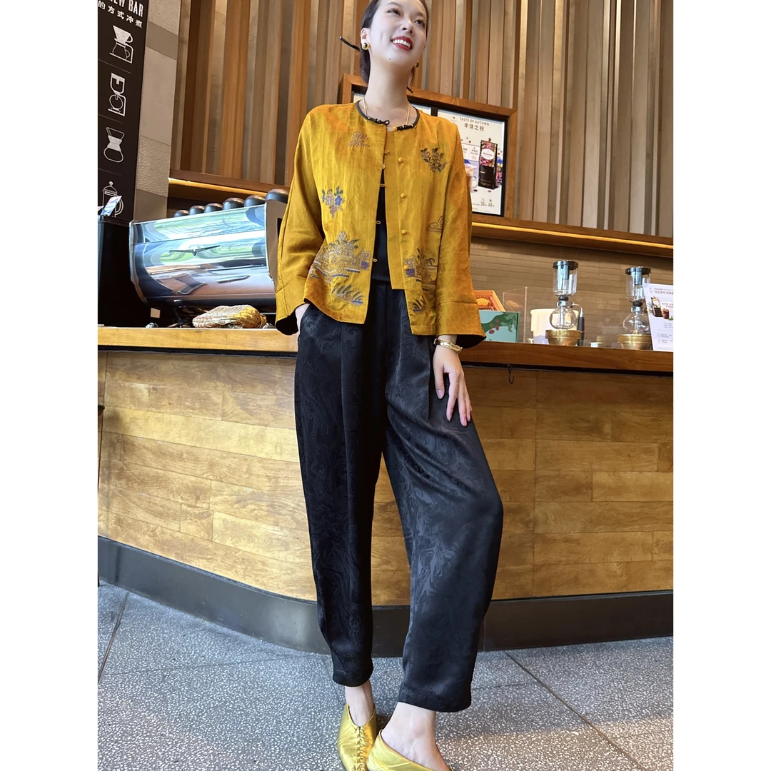 【老罗家】原创休闲裤女醋酸提花宽松显瘦外穿时尚九分百搭灯笼裤