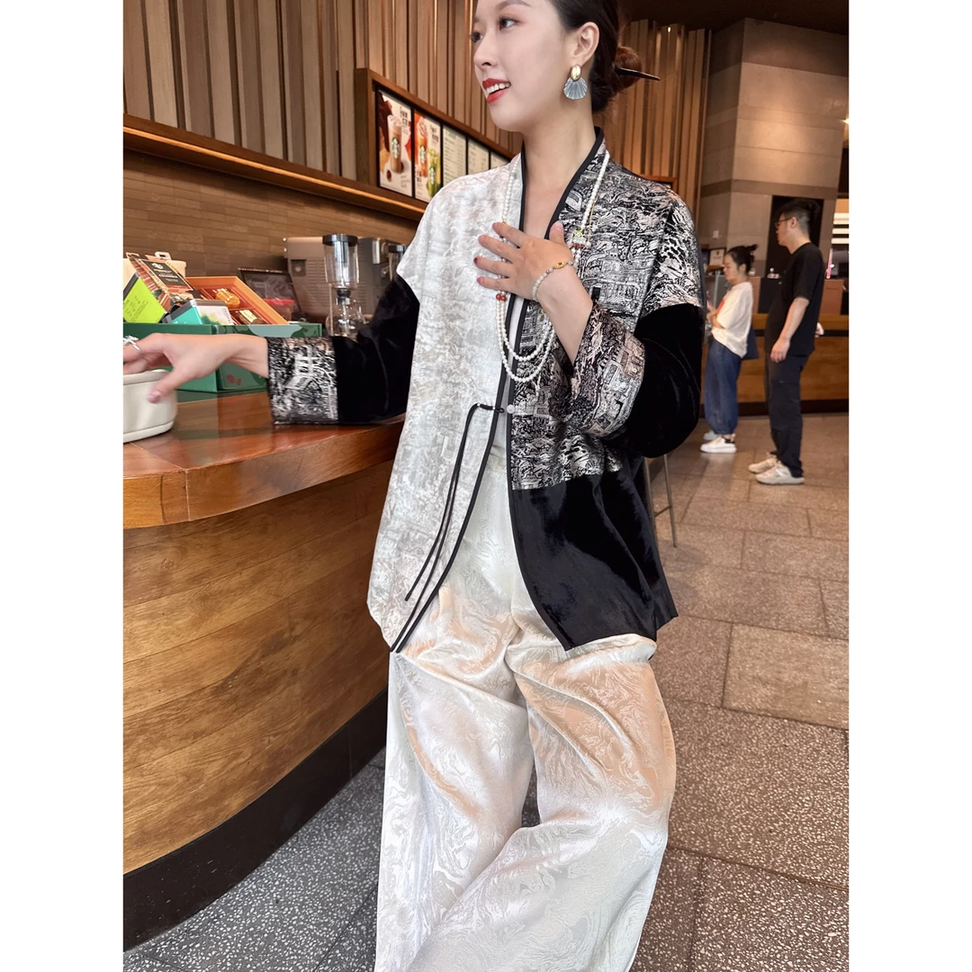 【老罗家】原创丝绒上衣女清明上河图桑蚕丝绒烫金新中式中长款外套