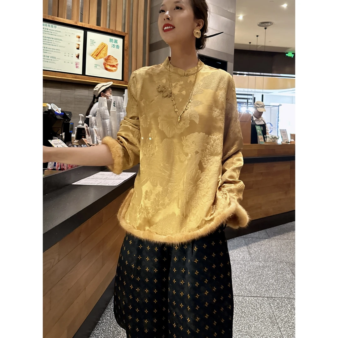 【老罗家】原创真丝衬衫女桑蚕丝冠乐绉提花新中式长袖气质打底衬衣