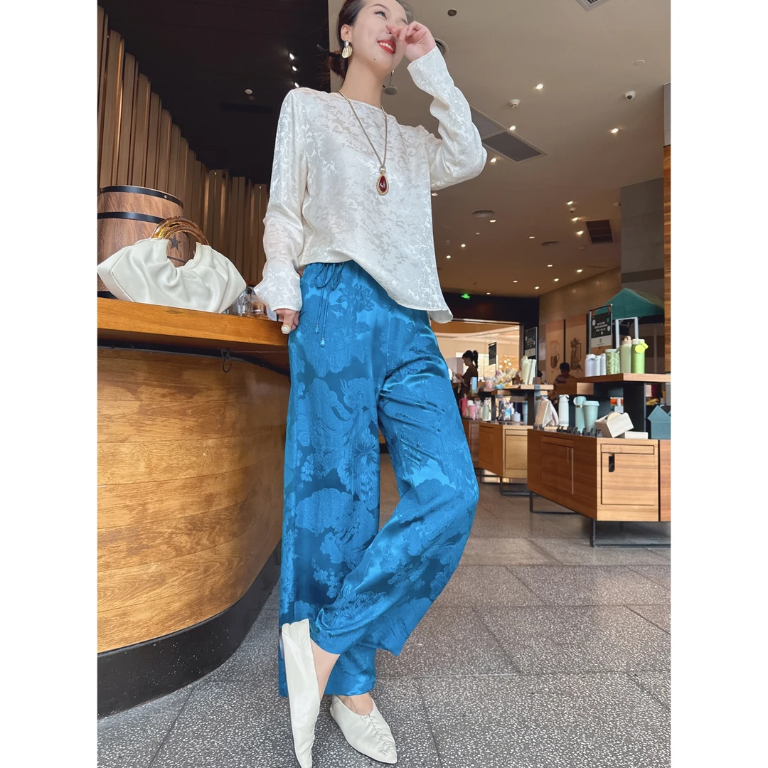 【老罗家】原创真丝休闲裤桑蚕丝冠乐绉提花显瘦长裤宽松垂感直筒裤