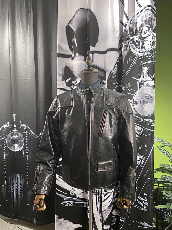 男士复古茶心牛皮毒液大码立领修身真皮夹克机车款可手工擦色出茶