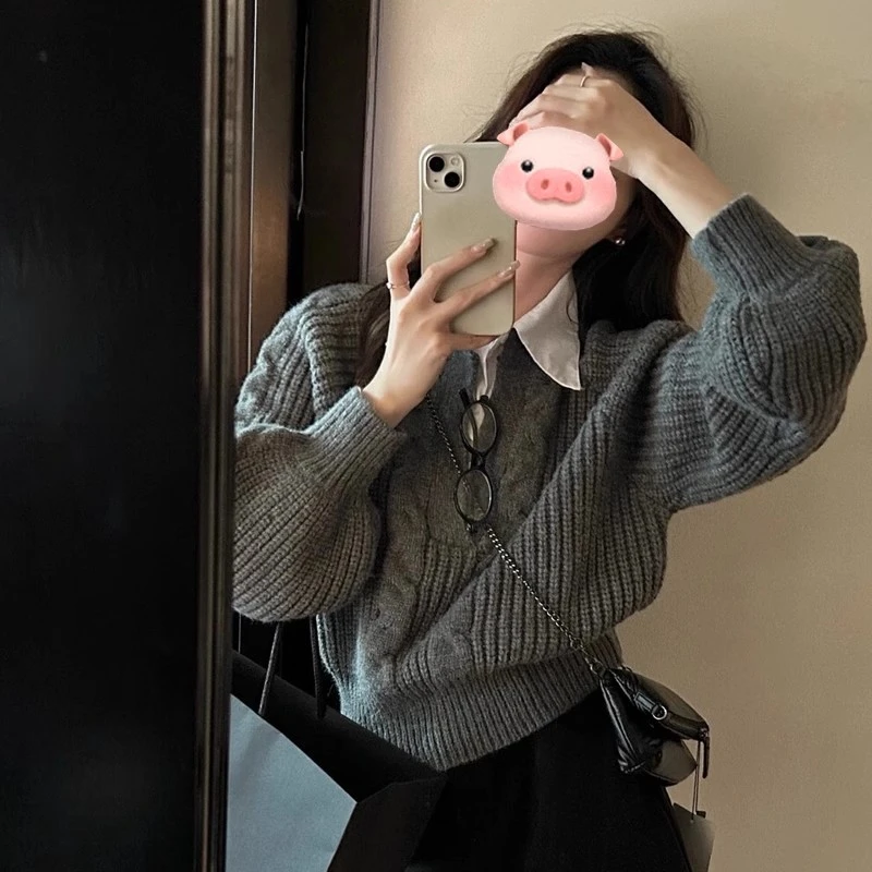 假两件撞色拼接polo领麻花毛衣女春季保暖穿搭慵懒风针织衫上衣