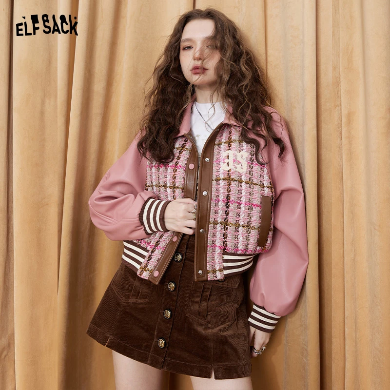 妖精的口袋凡尔赛玫瑰拼接粗花呢外套2024秋新皮衣短外套24304049