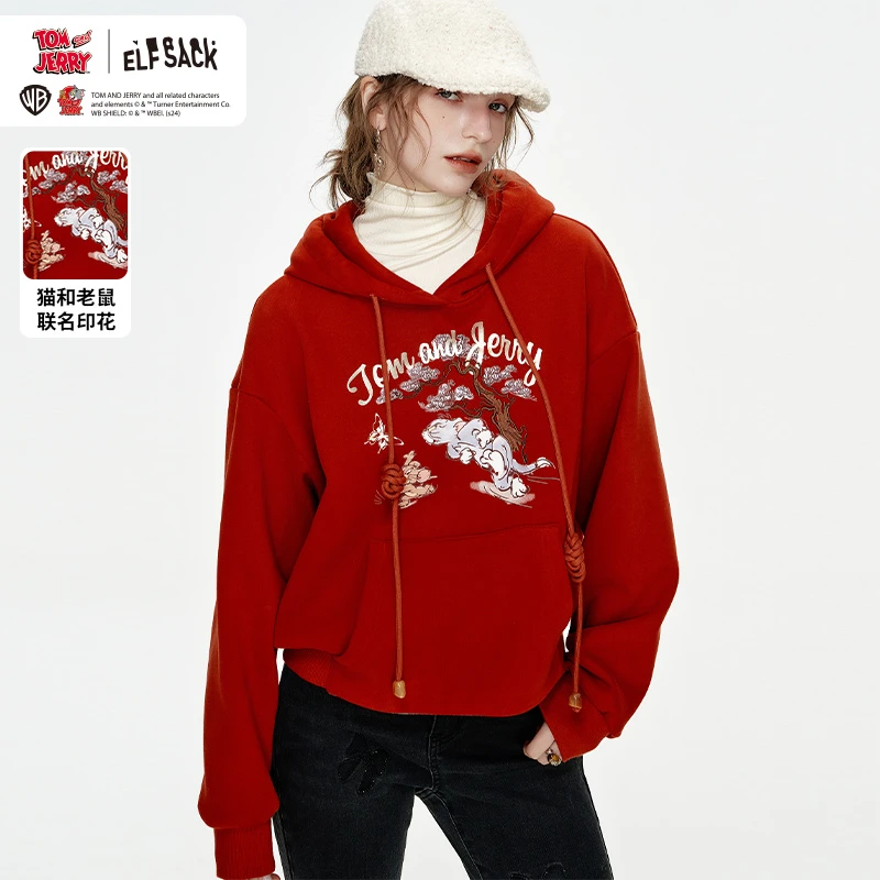 【猫和老鼠联名】妖精的口袋伯牙绝弦红色连帽加绒卫衣24冬24403060