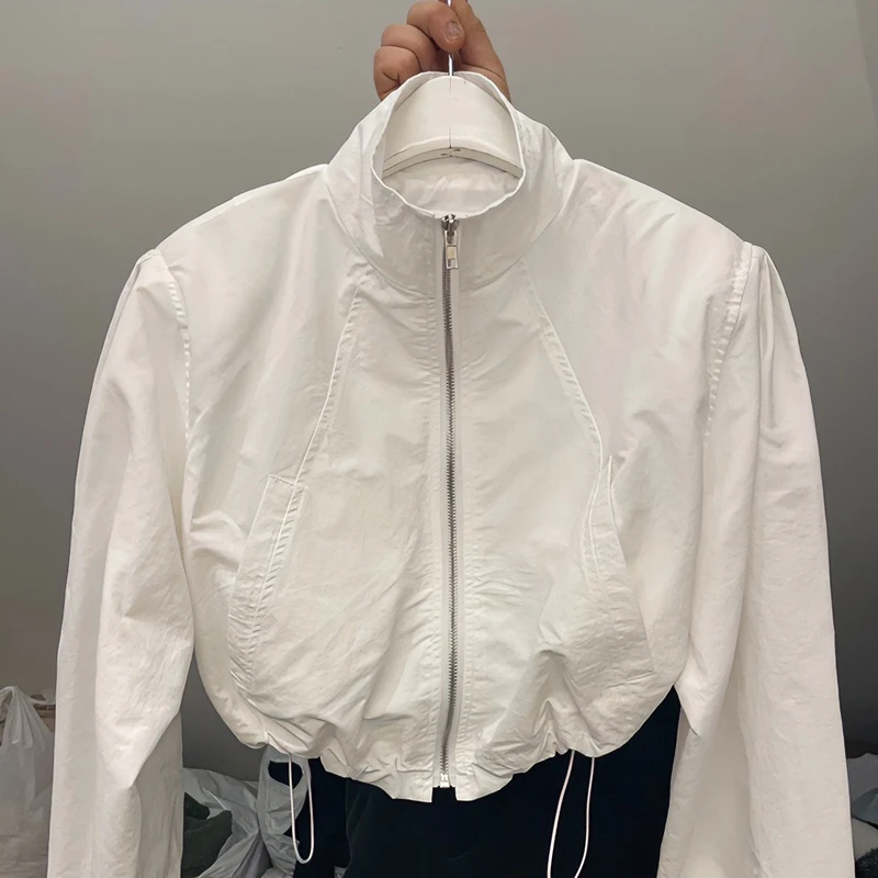 夏季新品白色薄款防晒衣女外穿立领抽绳泡泡袖休闲防紫外线短外套