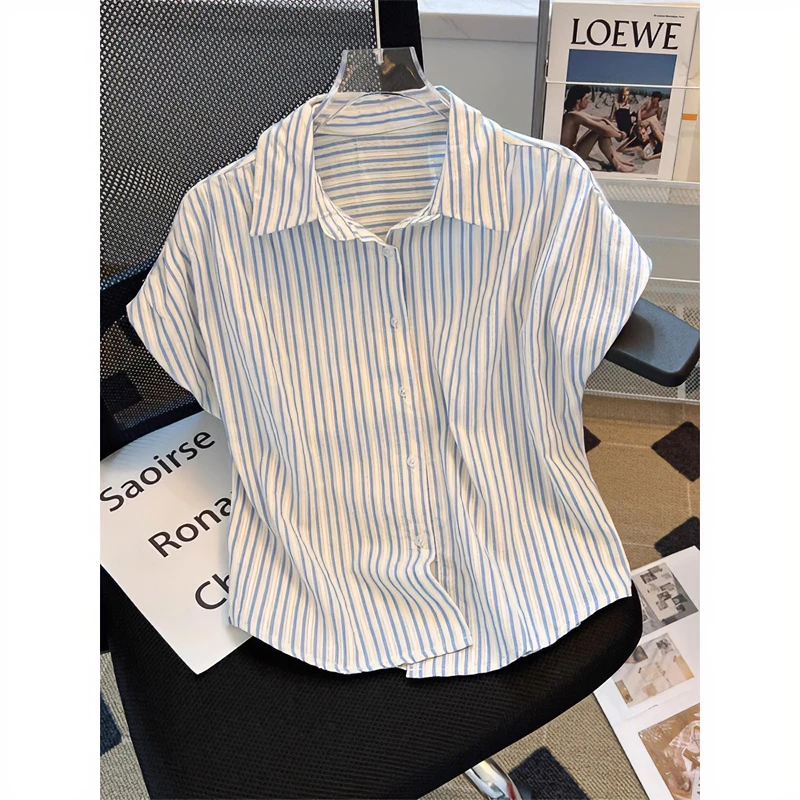 夏季韩版薄款小个子宽松上衣飞飞袖短袖蓝色条纹衬衫女设计感小众