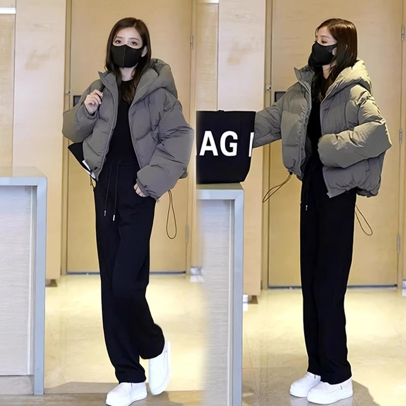 连帽黑色羽绒棉服女小个子春季2025新款欧货棉袄美式面包服短外套