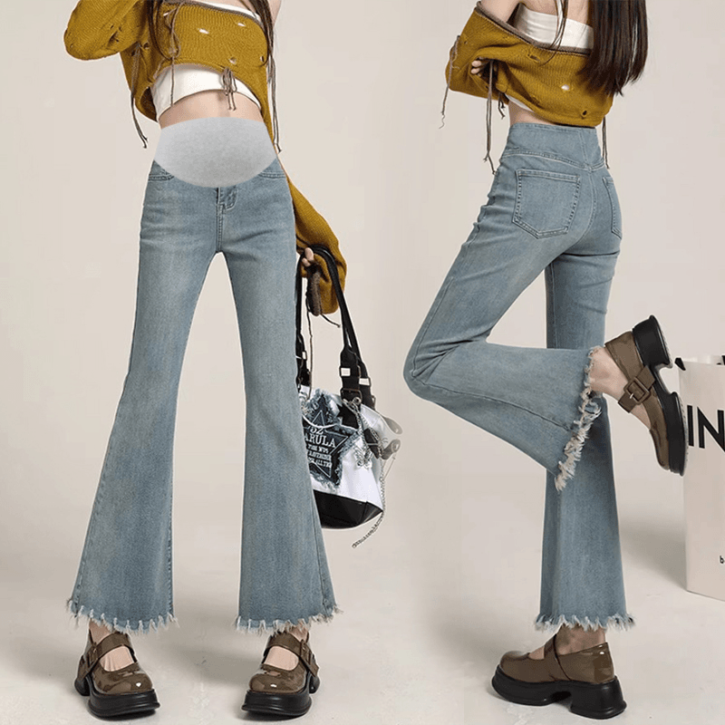 孕妇牛仔裤春秋高弹外穿时尚简约显瘦高腰孕妇托腹裤喇叭裤八分裤