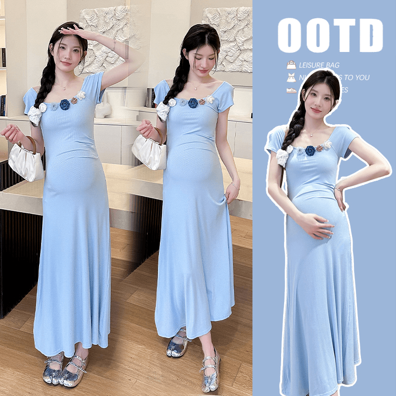 孕妇装夏季时尚新款气质2024小众设计纯欲立体花朵法式孕妇连衣裙