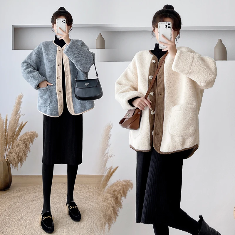 孕妇外套宽松大码时尚外穿孕妇上衣加厚摇粒绒单排扣冬季保暖外套